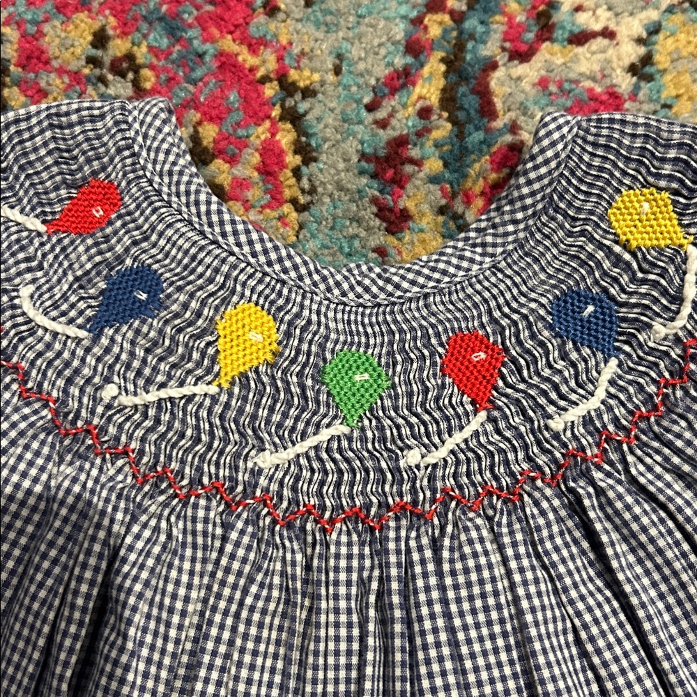 Smocked balloon dress 4T happy birthday blue Gingham k7050 - Picture 4 of 5